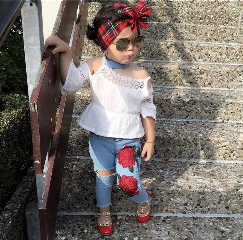 New style infant tollder Tops & Rose hole Pants 2 Pieces Summer Children